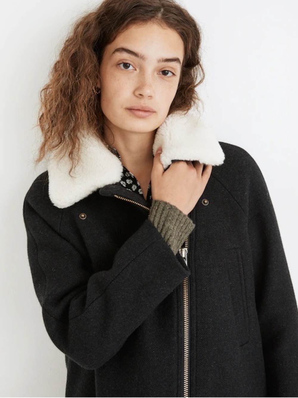 Madewell Eldridge Wool Cashmere Moto Coat Sherpa Collar Gray Small